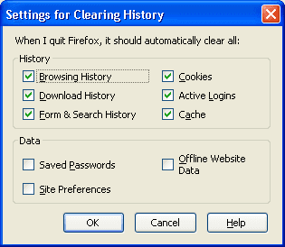 Firefox — Settings for Clearing History dijalog sa svim štikliranim opcijama